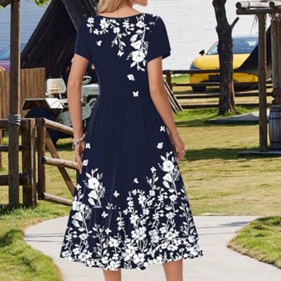 Summer Midi Dress Tiered Flowy A-Line Casual Elegant Beach Vacation Wear - Picture 7 of 8